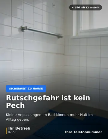 Beitrag „Rutschgefahr ist kein Pech“ als Muster: Ein silberner Haltegriff an einer weißen Fliesenwand und eine blaue rutschfeste Matte auf dem Boden.