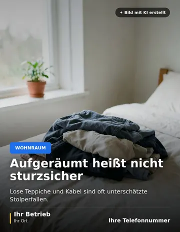 Beitrag „Aufgeräumt heißt nicht sturzsicher“ als Muster: Ordentlich gestapelte Kleidung auf einem Bett in einem aufgeräumten Schlafzimmer, auf der Fensterbank steht eine kleine Pflanze.