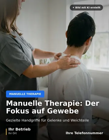 Beitrag „Manuelle Therapie: Der Fokus auf Gewebe“ als Muster: Ein Physiotherapeut legt von hinten die Hände auf die Schulter eines Patienten, im hellen Behandlungsraum steht eine Liege.