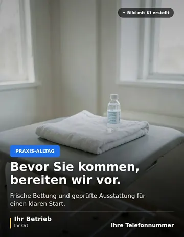 Beitrag „Bevor Sie kommen, bereiten wir vor“ als Muster: Eine leere Behandlungsliege mit gefaltetem Handtuch und einer kleinen Wasserflasche in einem hellen Raum.