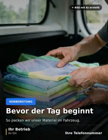 Beitrag „Bevor der Tag beginnt“ als Muster: Hände ordnen farbige Mikrofasertücher und Reinigungsmaterial im Kofferraum eines Transporters.
