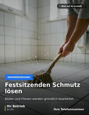 Beitrag „Festsitzenden Schmutz lösen“ als Muster: Eine Bürste schrubbt einen nassen Fliesenboden in einem hell gefliesten Bad bei Tageslicht.