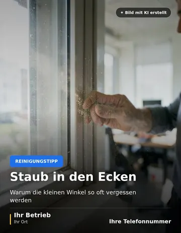 Beitrag „Staub in den Ecken“ als Muster: Ein Staubwedel reicht in die Ecke eines Fensterrahmens in einem hellen Büro, im Lichtstrahl schweben Staubteilchen.