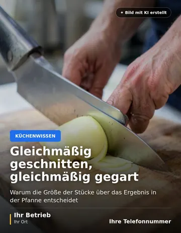 Beitrag „Gleichmäßig geschnitten, gleichmäßig gegart“ als Muster: Hände schneiden mit einem Kochmesser eine Zwiebel auf einem Holzbrett in dünne, gleichmäßige Ringe.