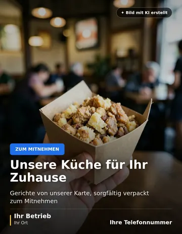 Beitrag „Unsere Küche für Ihr Zuhause“ als Muster: Eine Hand hält eine kleine Pappbox mit Essen zum Mitnehmen vor einem unscharfen, warm beleuchteten Gastraum.