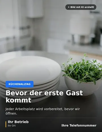 Beitrag „Bevor der erste Gast kommt“ als Muster: Ein Stapel weißer Teller steht neben einer Schale mit frischen Kräutern auf einer Edelstahl-Arbeitsplatte.