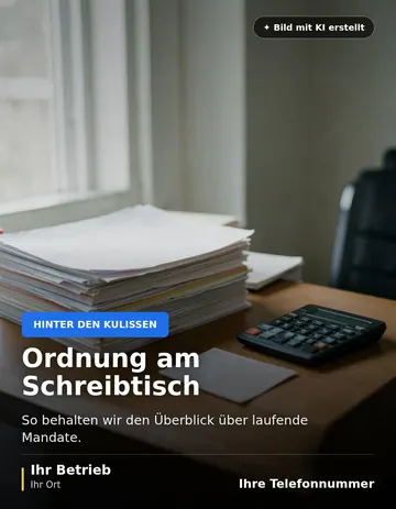 Beitrag „Ordnung am Schreibtisch“ als Muster: Ein aufgeräumter Arbeitsplatz in einer Steuerkanzlei mit geordneten Papierstapeln und einem Taschenrechner auf dem Schreibtisch.