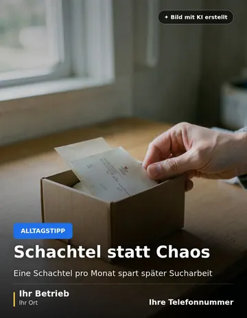 Beitrag „Schachtel statt Chaos“ als Muster: Hände legen einen Papierbeleg in eine kleine Schachtel auf einem Holztisch.