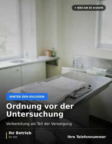Beitrag „Ordnung vor der Untersuchung“ als Muster: Aufgeräumter Behandlungsraum mit Edelstahltisch, Handtüchern und Stethoskop auf der Ablage.