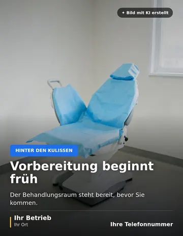 Beitrag „Vorbereitung beginnt früh“ als Muster: Ein heller, leerer Behandlungsraum mit einem Zahnarztstuhl, auf dem ein frischer Papierbezug liegt.