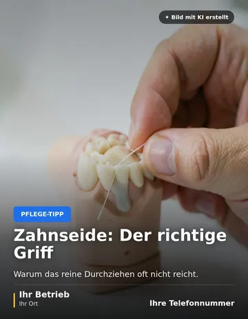 Beitrag „Zahnseide: Der richtige Griff“ als Muster: Eine Hand führt ein Stück Zahnseide in C-Form um einen Zahn an einem Zahnmodell.