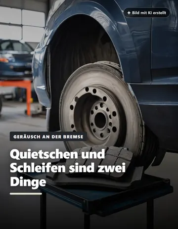 Bremsscheibe an einem aufgebockten Auto, Überschrift Quietschen und Schleifen sind zwei Dinge