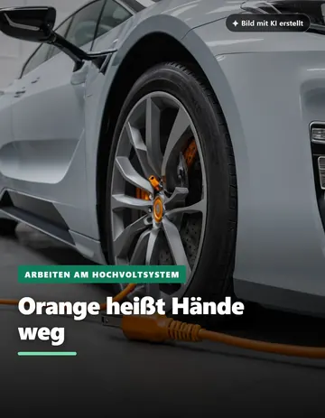 Elektroauto mit orangem Kabel, Überschrift Orange heißt Hände weg
