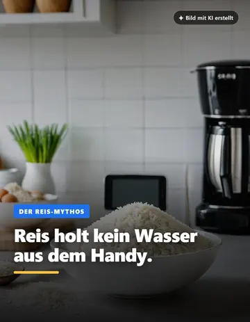 Schüssel mit Reis auf einer Küchenarbeitsplatte, Überschrift Reis holt kein Wasser aus dem Handy