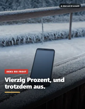 Beitrag „Vierzig Prozent, und trotzdem aus.“: Smartphone mit dunklem Display auf einem bereiften Geländer
