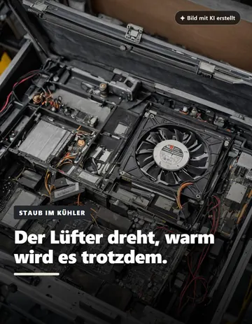Geöffnetes Notebook mit Lüfter, Überschrift Der Lüfter dreht, warm wird es trotzdem