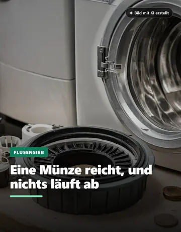 Waschmaschine mit Teilen des Flusensiebs, Überschrift Eine Münze reicht, und nichts läuft ab