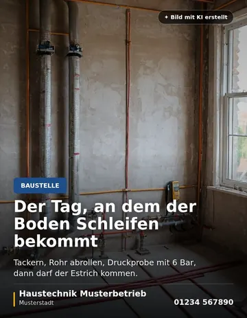 Baustelle mit Heizungsrohren, Überschrift Der Tag, an dem der Boden Schleifen bekommt, unten Name und Telefonnummer eines Musterbetriebs