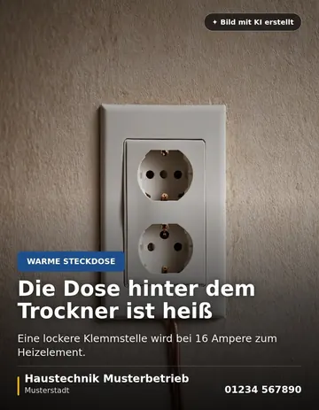 Steckdose an einer Wand, Überschrift Die Dose hinter dem Trockner ist heiß, unten Name und Telefonnummer eines Musterbetriebs
