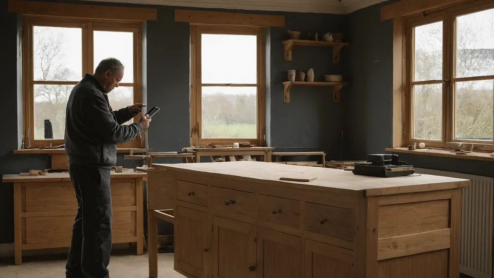 Ein Schreiner fotografiert in seiner Werkstatt im Abendlicht ein fertiges Eichen-Sideboard mit dem Handy.